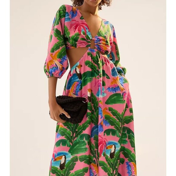 Farm Rio X Anthropologie Women's Printed V Neck Cut Out Dress - S Petite - Picture 16 of 16